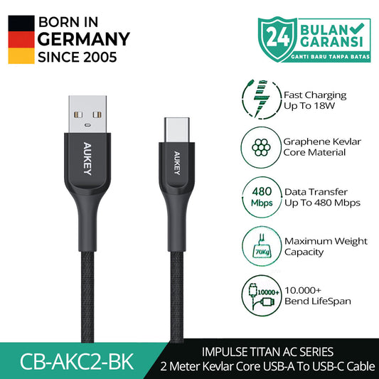 Kabel Charger AUKEY USB-A ke USB-C CB-AKC2 Kevlar Core 2M - Hitam