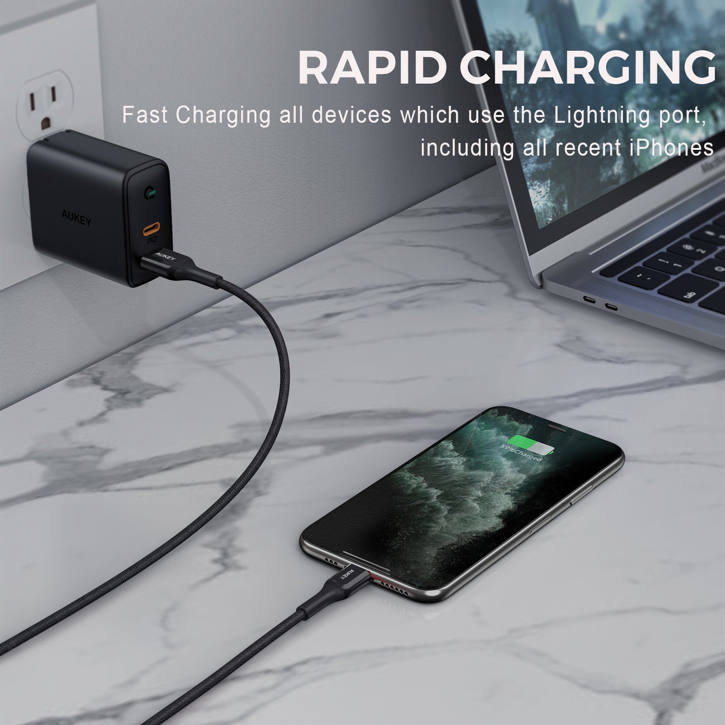 Kabel Charger AUKEY USB-A ke Lightning MFI CB-AKL2 Kevlar Core 2M - Hitam