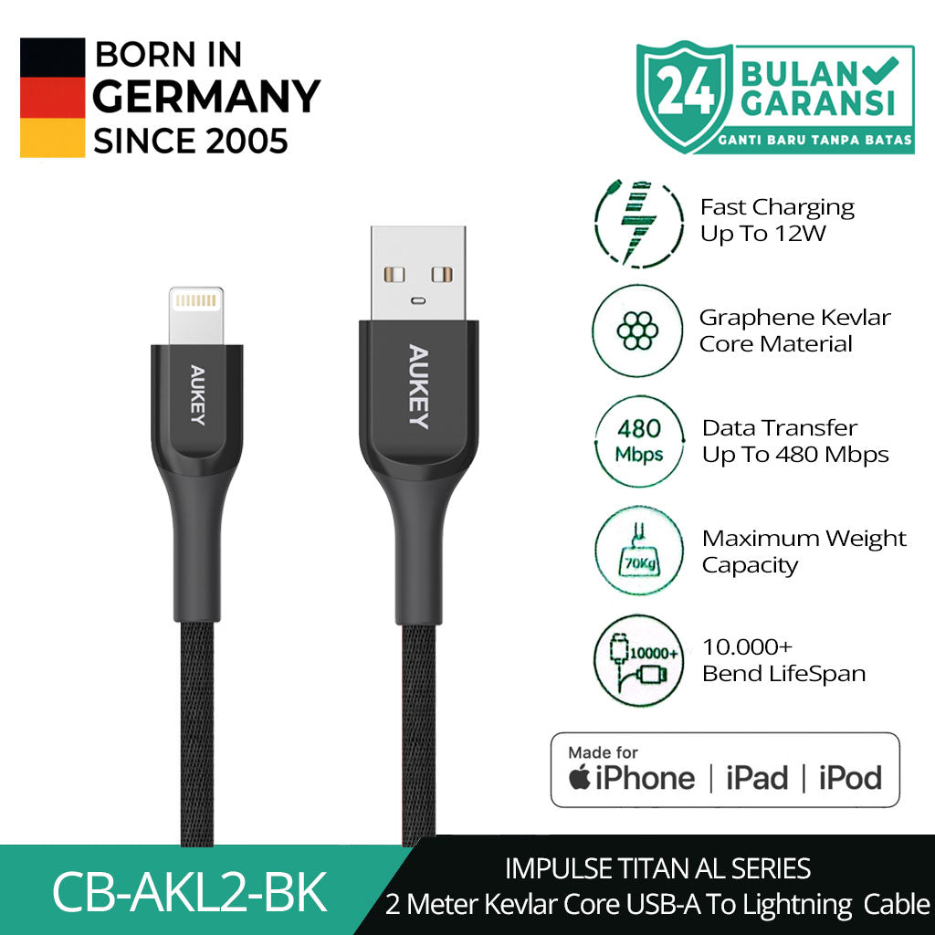 Kabel Charger AUKEY USB-A ke Lightning MFI CB-AKL2 Kevlar Core 2M - Hitam