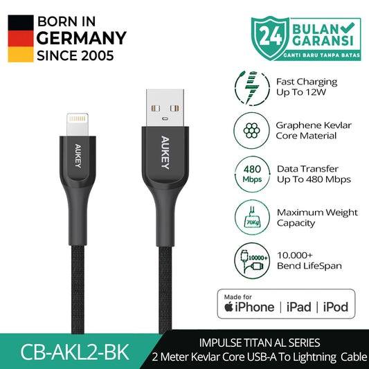Kabel Charger AUKEY USB-A ke Lightning MFI CB-AKL2 Kevlar Core 2M - Hitam