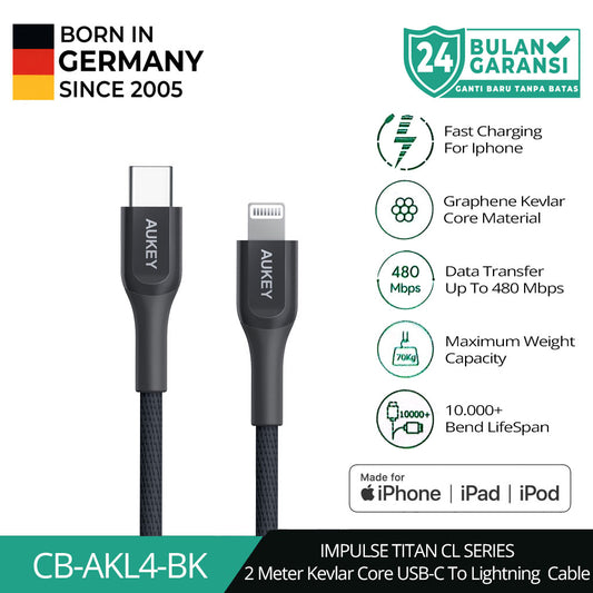 Kabel Pengisi Daya AUKEY USB-C ke Lightning MFI CB-AKL4 Kevlar Core 2M