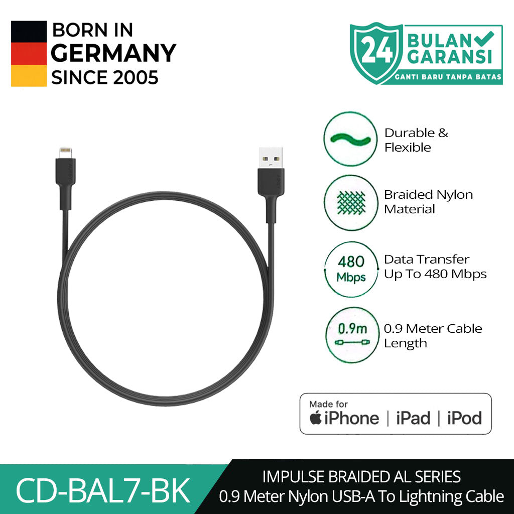 AUKEY Kabel Charger USB-A ke Lightning MFI 1 Meter Jalinan Nilon CB-BAL7 - Putih