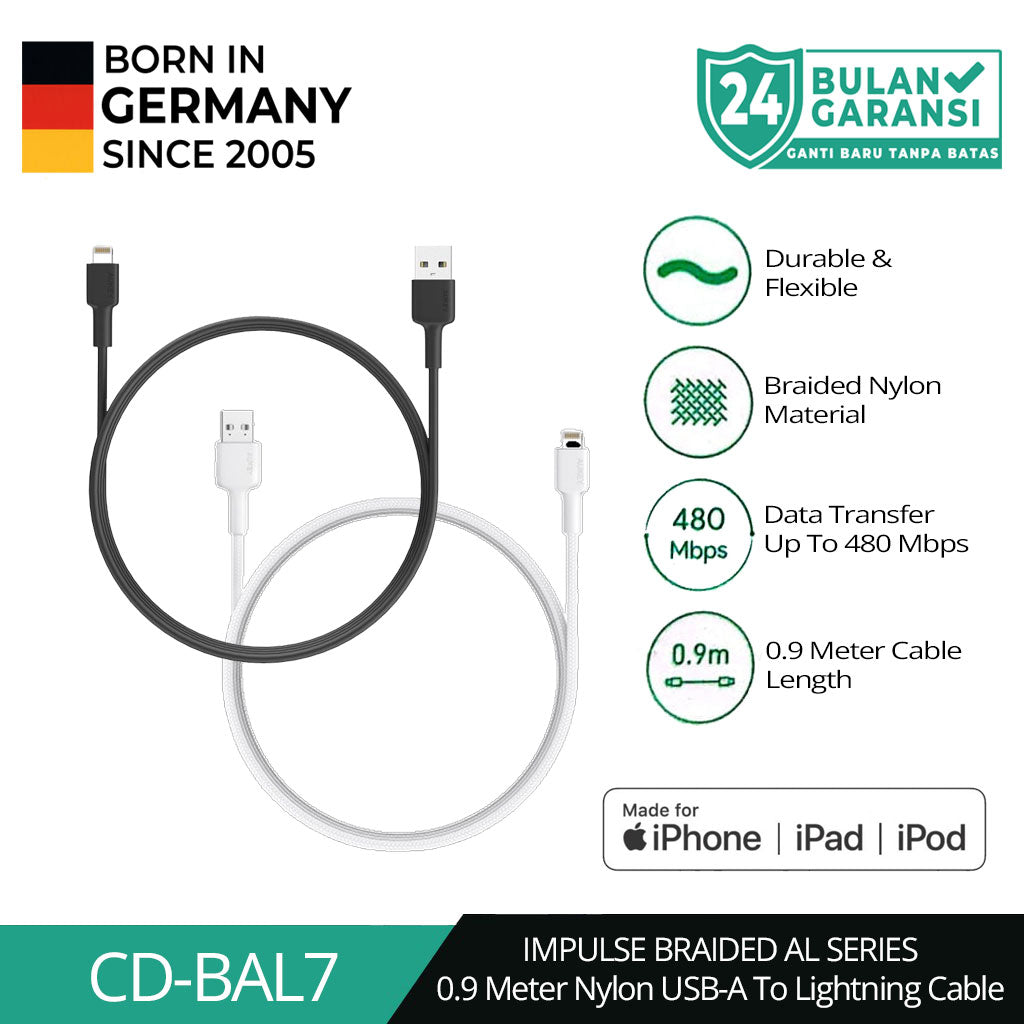 AUKEY Kabel Charger USB-A ke Lightning MFI 1 Meter Jalinan Nilon CB-BAL7 - Putih