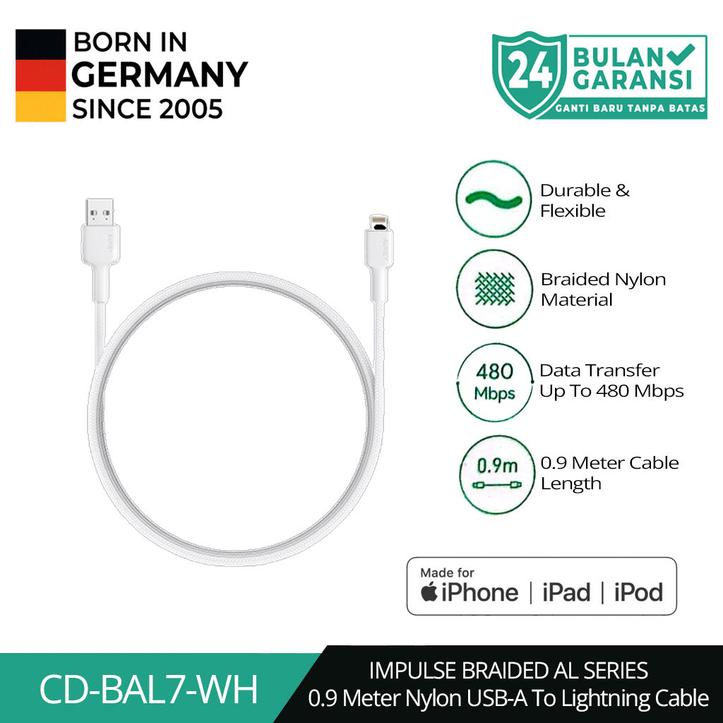 AUKEY Kabel Charger USB-A ke Lightning MFI 1 Meter Jalinan Nilon CB-BAL7 - Putih