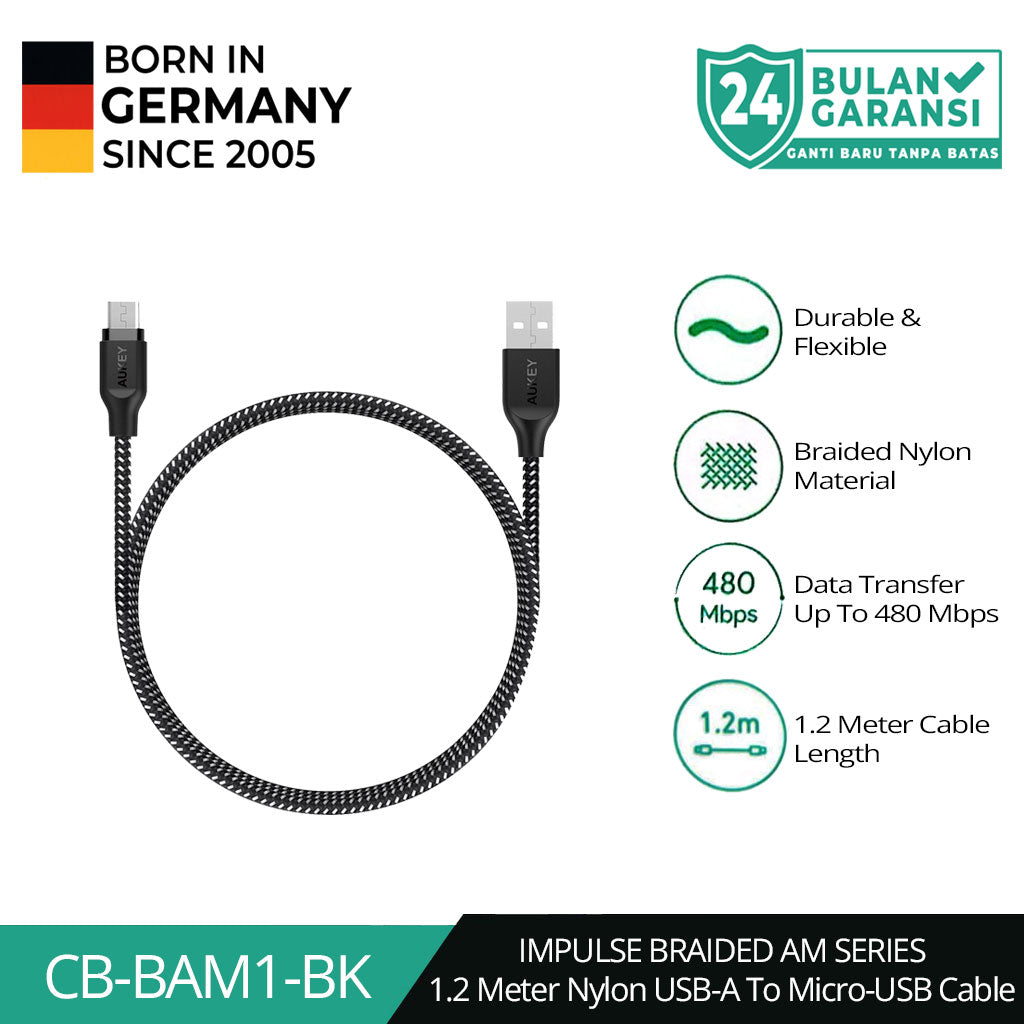 Kabel Charger AUKEY USB A Ke Micro Braided Nylon CB-BAM Hitam 2.4A - 1.2 Meter