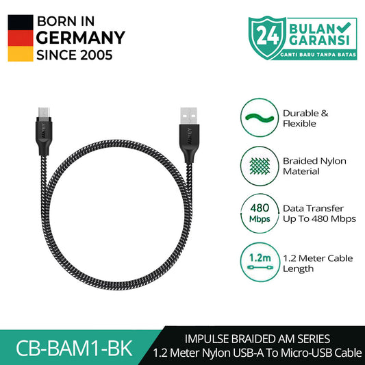Kabel Charger AUKEY USB A Ke Micro Braided Nylon CB-BAM Hitam 2.4A - 1.2 Meter