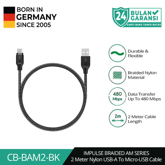 Kabel Charger AUKEY USB A Ke Micro Braided Nylon CB-BAM Hitam 2.4A - 2 Meter