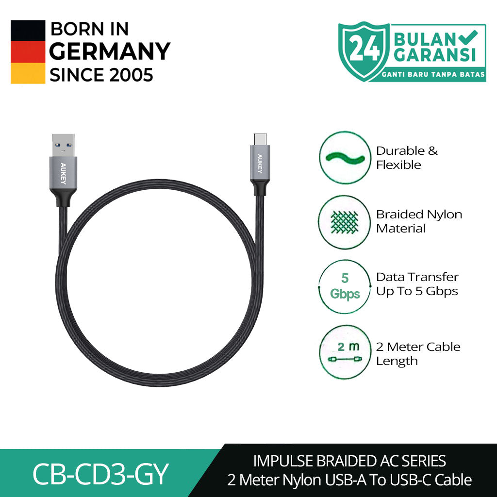 Kabel Charger AUKEY Tipe C CB-CD3 Braided Nylon USB A ke USB-C 2M - 2 Meter