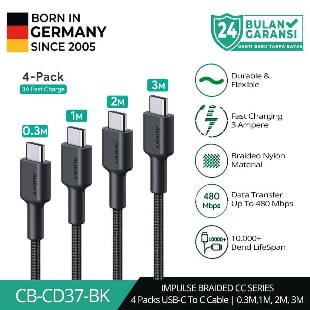 Kabel Charger AUKEY (4 pcs) USB-C Ke USB-C Jalinan Nilon 3A CB-CD37