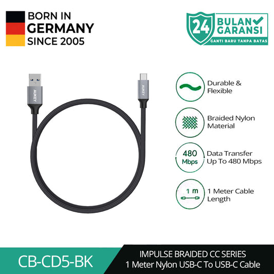 AUKEY Kabel Charger USB C ke USB-C 3A Pengisian Cepat Nilon Jalinan 1M CB-CD5