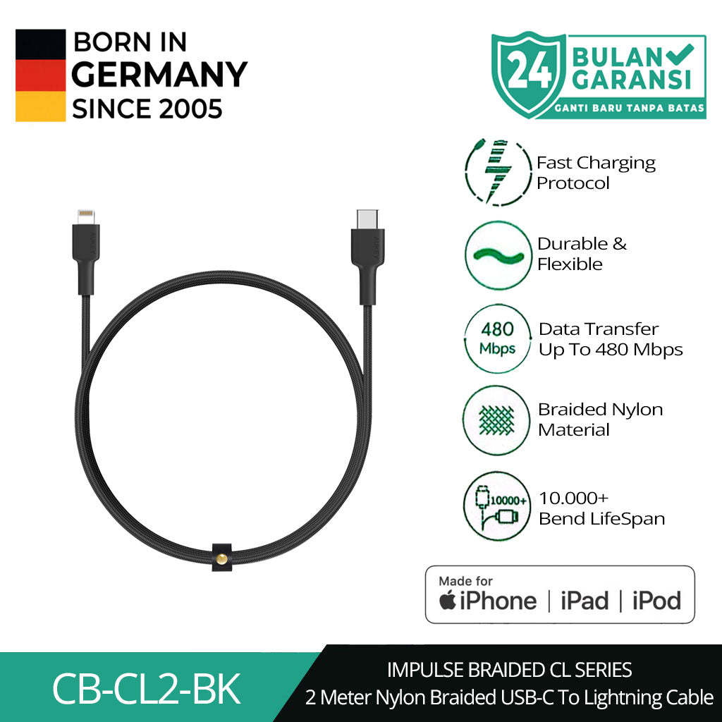 Kabel Charger AUKEY USB-C ke Lightning MFI CB-CL2 Braided Nylon 2M