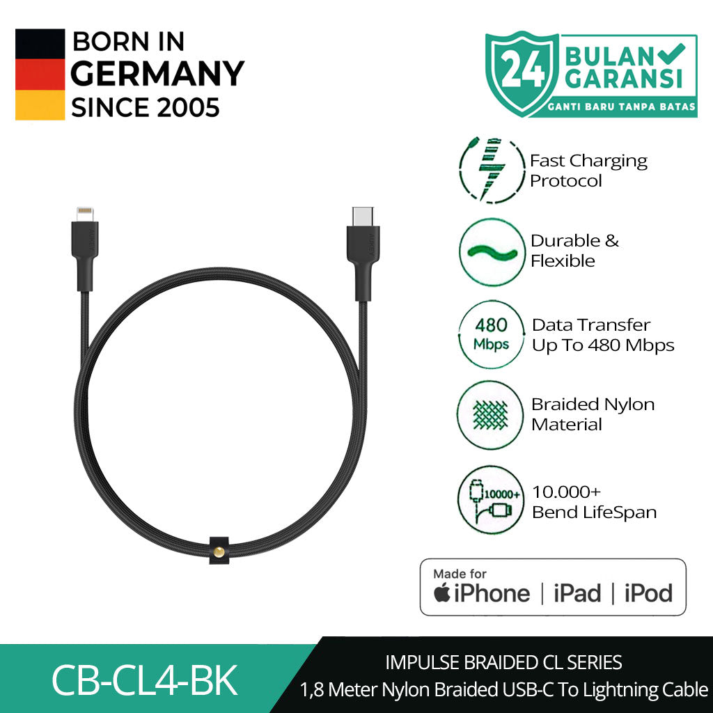 Kabel Charger AUKEY USB-C ke Lightning MFI CB-CL4 Braided Nylon 1.8M