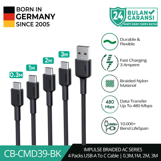 Kabel Charger AUKEY (4 pcs) USB A Ke USB-C Jalinan Nilon CB-CMD39 3A