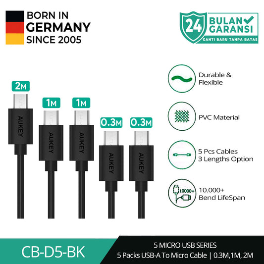 Kabel Charger AUKEY ( 5 pcs ) USB A Ke Micro PVC CB-D5 Hitam 3A