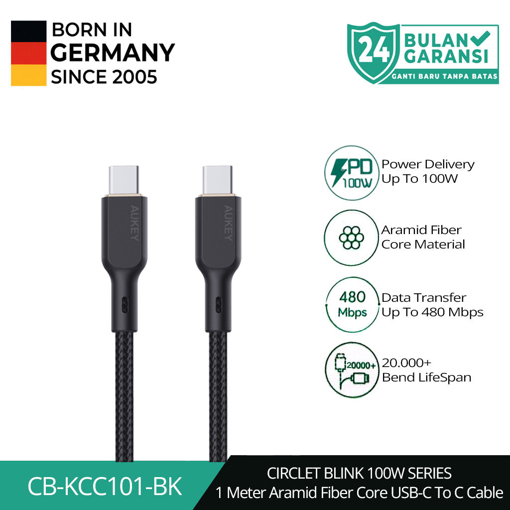 Kabel Charger AUKEY Type-C CB-KCC101 Jalinan Nilon USB-C ke USB-C 1M
