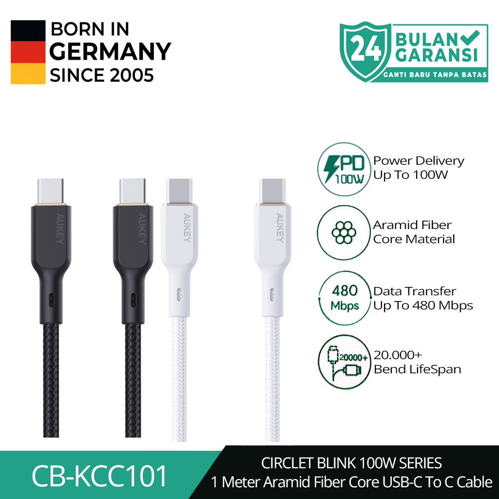 Kabel Charger AUKEY Type-C CB-KCC101 Jalinan Nilon USB-C ke USB-C 1M