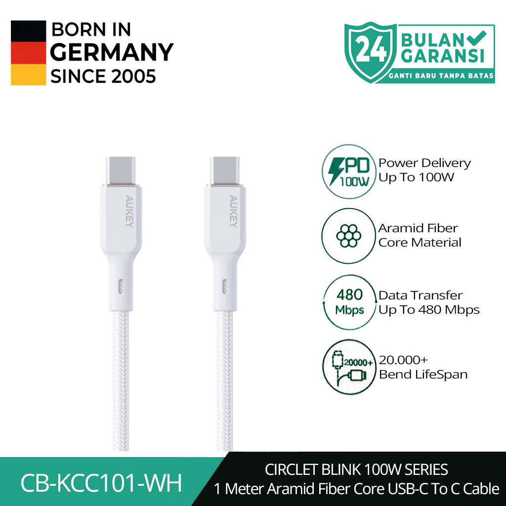 Kabel Charger AUKEY Type-C CB-KCC101 Jalinan Nilon USB-C ke USB-C 1M