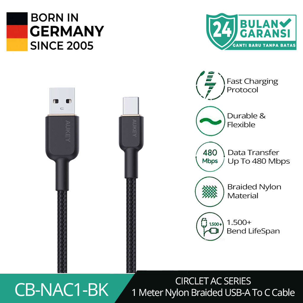 AUKEY Kabel Charger Tipe C Jalinan Nilon USB-A ke USB-C 1 M CB-NAC1