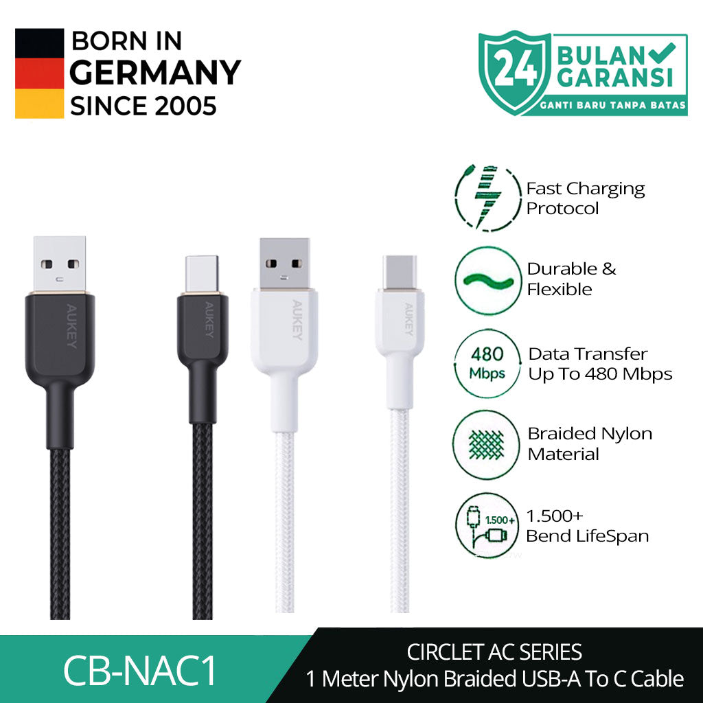 AUKEY Kabel Charger Tipe C Jalinan Nilon USB-A ke USB-C 1 M CB-NAC1