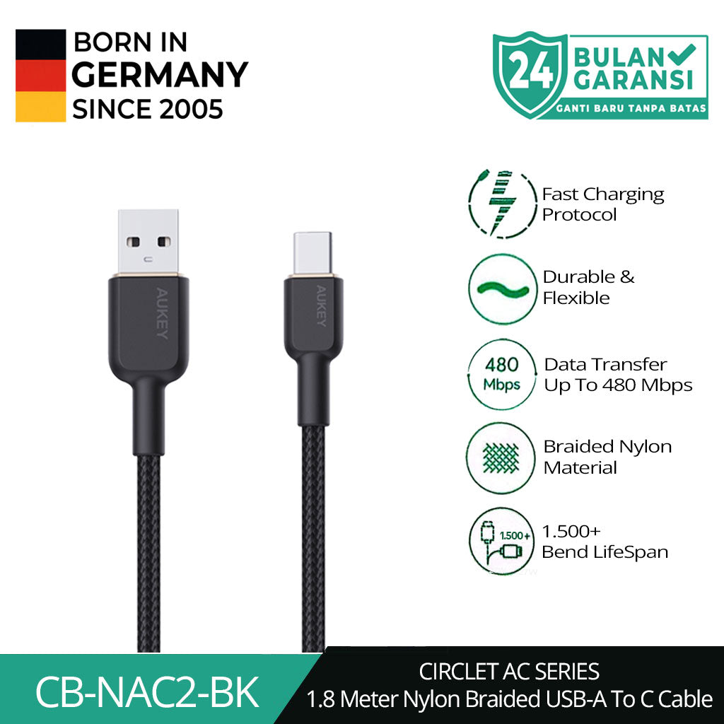 Kabel Charger AUKEY Type-C CB-NAC2 Jalinan Nilon USB-A ke USB-C 1,8M