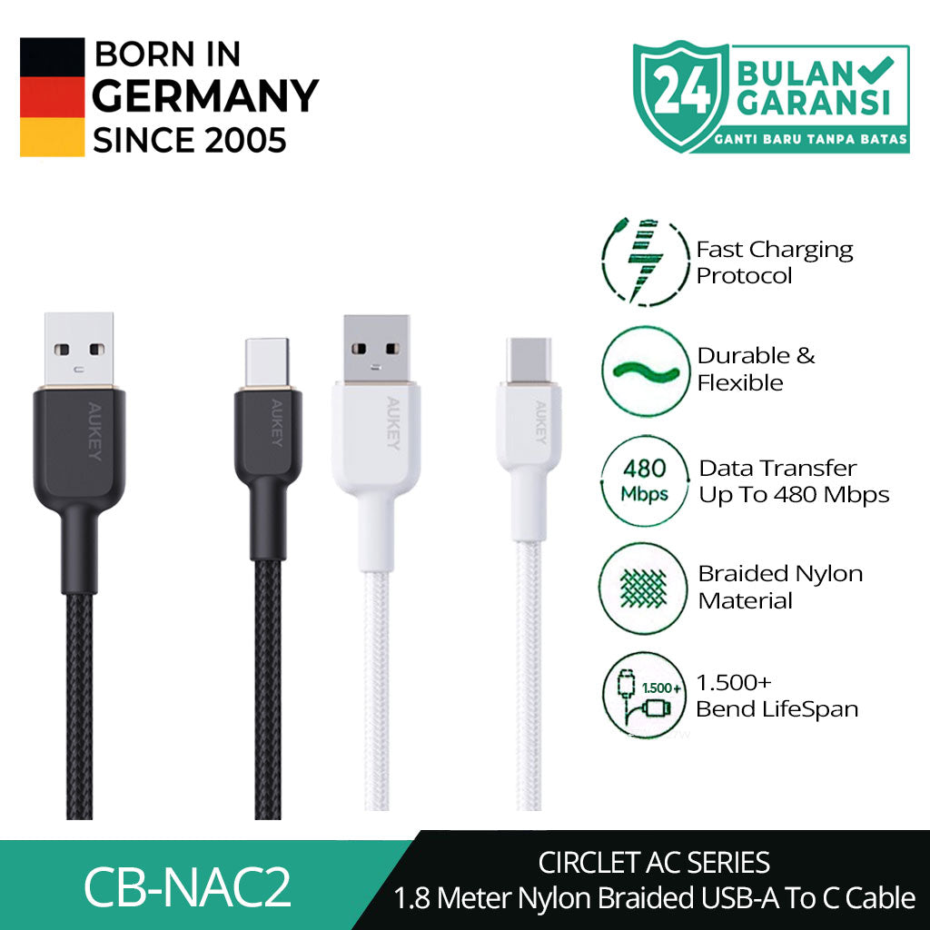 Kabel Charger AUKEY Type-C CB-NAC2 Jalinan Nilon USB-A ke USB-C 1,8M