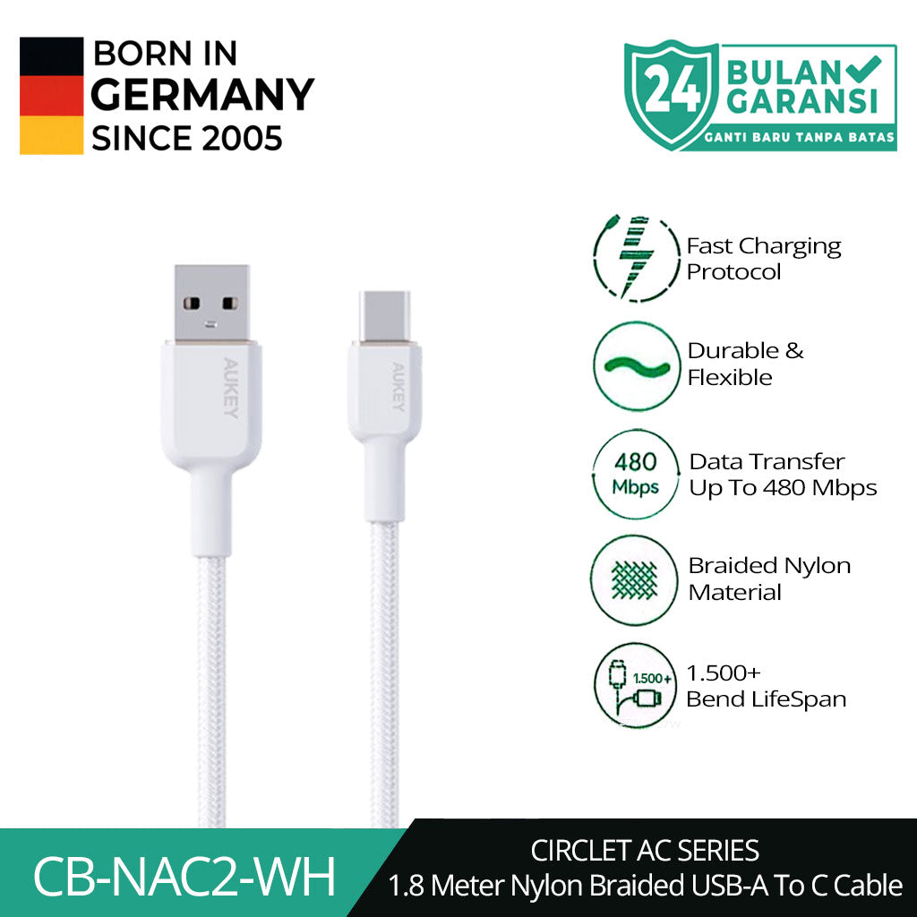 Kabel Charger AUKEY Type-C CB-NAC2 Jalinan Nilon USB-A ke USB-C 1,8M
