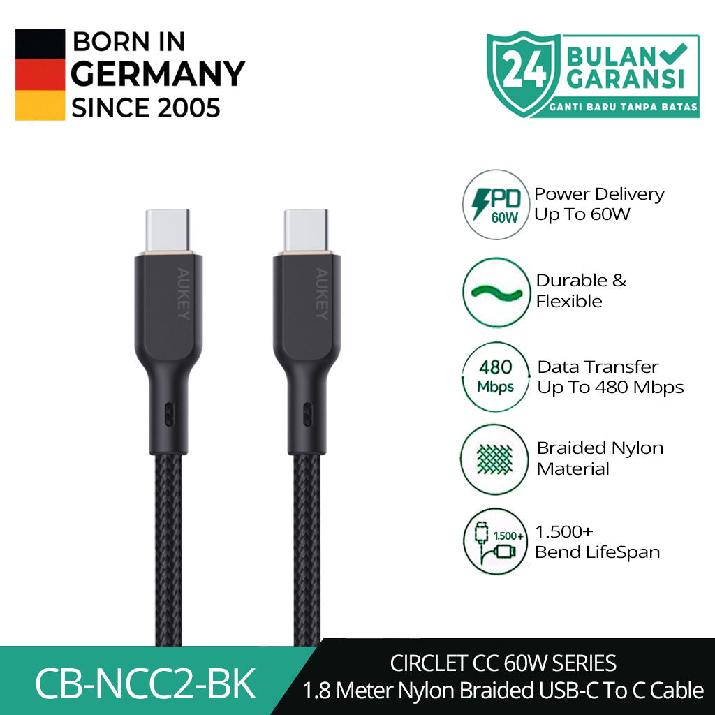 AUKEY Kabel Charger USB-C ke USB-C Pengisian Cepat 3A Hingga 60W Nilon Jalinan 1,8M CB-NCC2