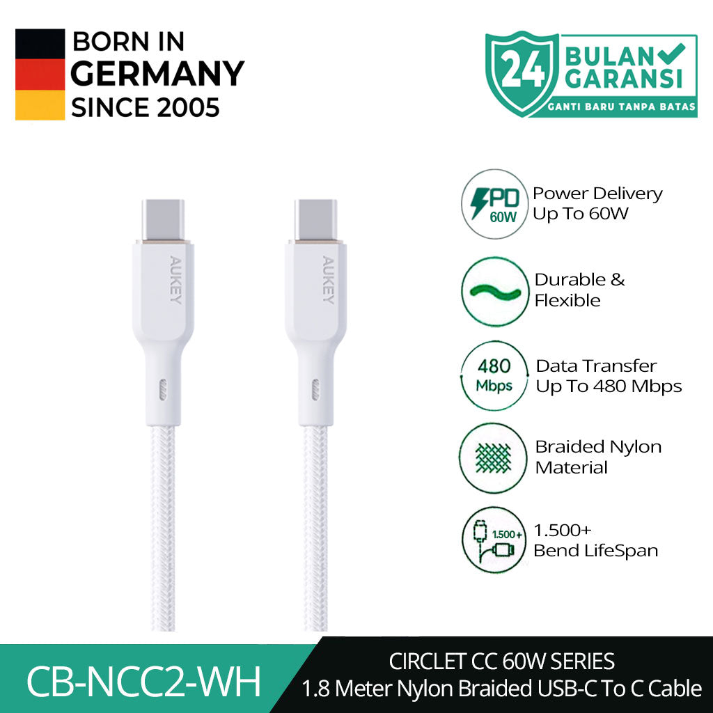 AUKEY Kabel Charger USB-C ke USB-C Pengisian Cepat 3A Hingga 60W Nilon Jalinan 1,8M CB-NCC2