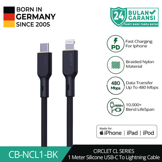 Kabel Charger AUKEY USB-C ke Lightning MFI CB-NCL1 Braided Nylon 1M