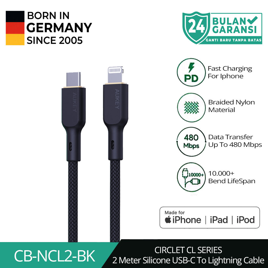 Kabel Charger AUKEY USB-C ke Lightning MFI CB-NCL2 Braided Nylon 1.8M