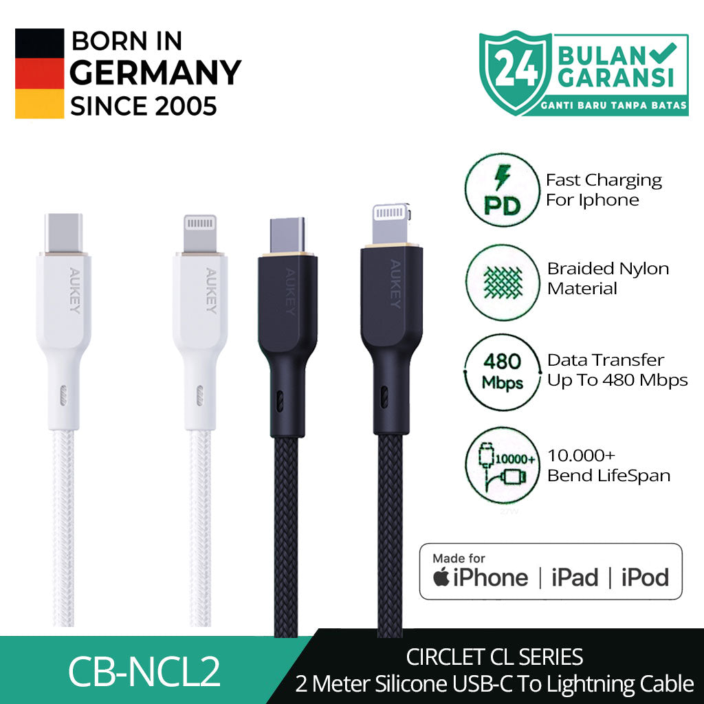 Kabel Charger AUKEY USB-C ke Lightning MFI CB-NCL2 Braided Nylon 1.8M