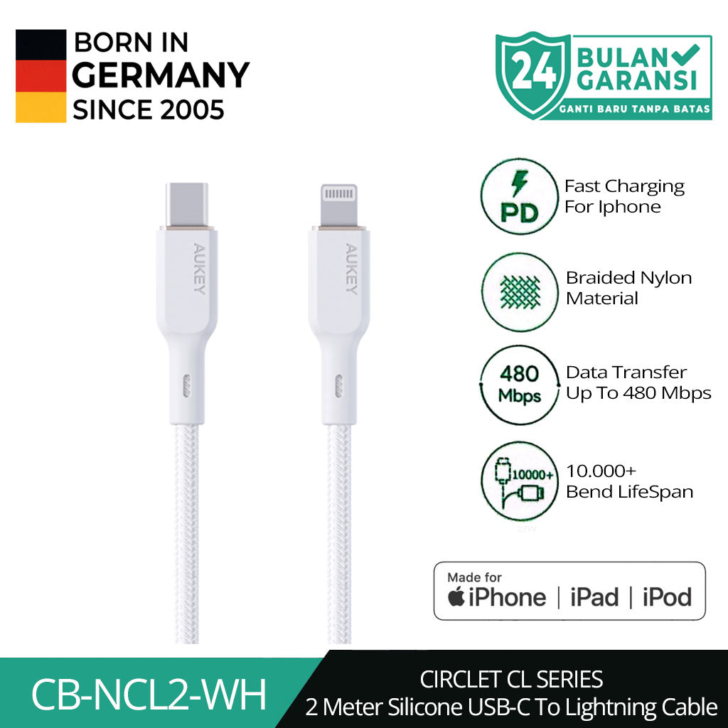 Kabel Charger AUKEY USB-C ke Lightning MFI CB-NCL2 Braided Nylon 1.8M