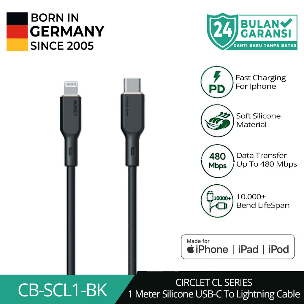 Kabel Charger AUKEY USB-C ke Lightning MFI CB-SCL1 Silikon Putih 1M