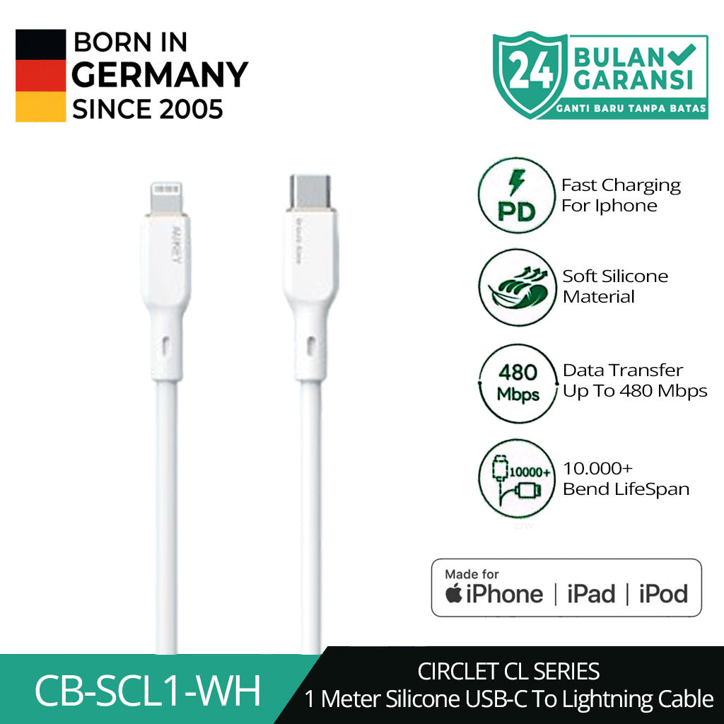 Kabel Charger AUKEY USB-C ke Lightning MFI CB-SCL1 Silikon Putih 1M