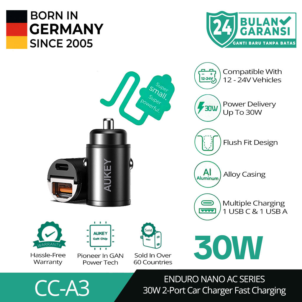 Pengisi Daya Mobil AUKEY 30W USB C & USB A PD 3.0 QC 3.0 Multi Port CC-A3