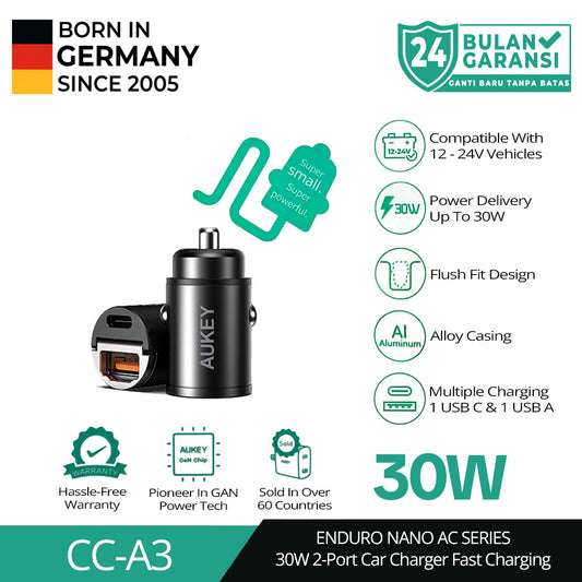 Pengisi Daya Mobil AUKEY 30W USB C & USB A PD 3.0 QC 3.0 Multi Port CC-A3