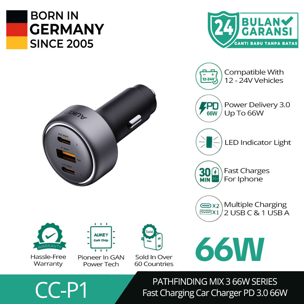 AUKEY Car Charger 66W USB C & USB A PD 3.0 QC 3.0 Multi Port PathFinder Mix 3 CC-P1