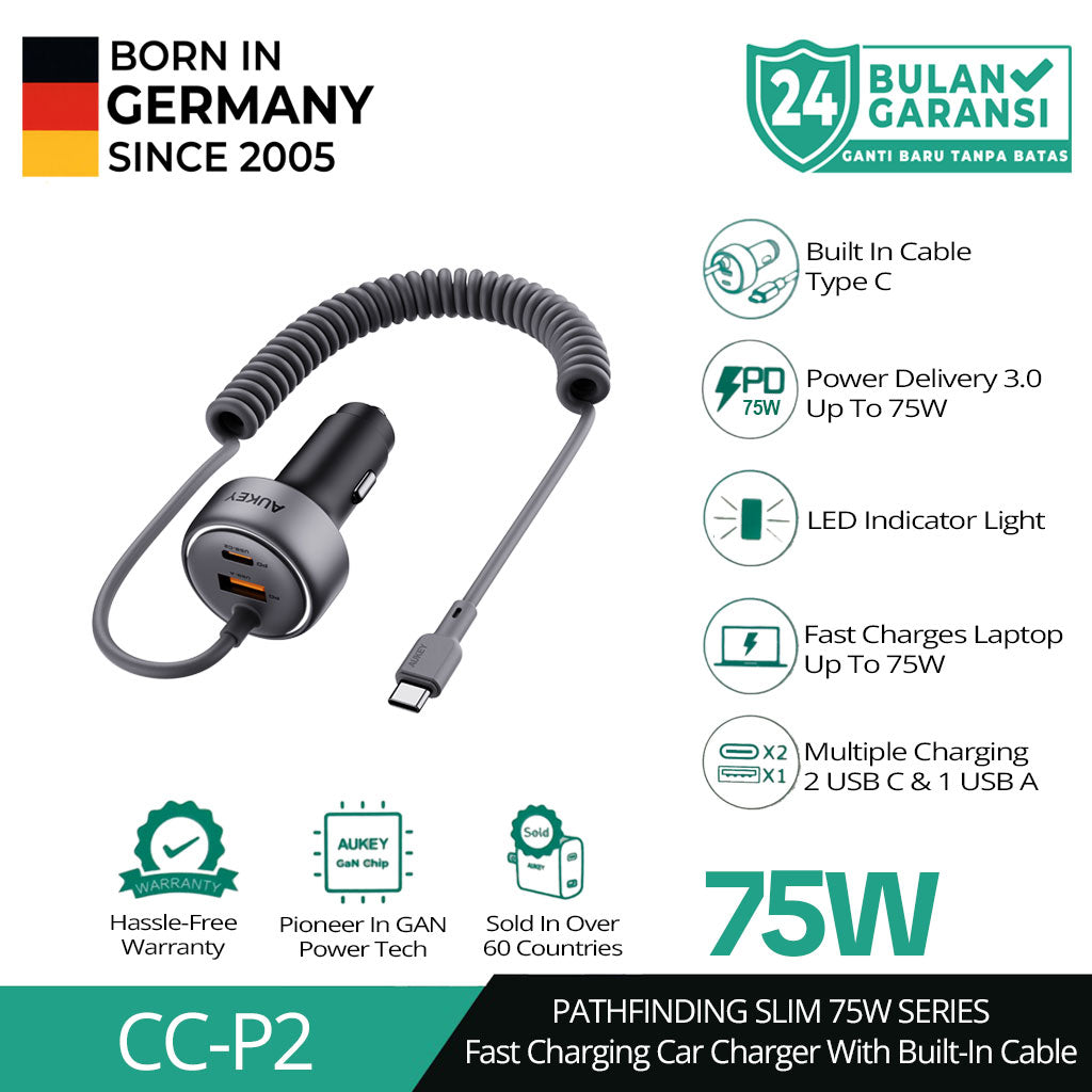 Pengisi Daya Mobil AUKEY 75W Kabel Terintegrasi USB C PD 3.0 QC 3.0 Multi Port PathFinder Sling CC-P2