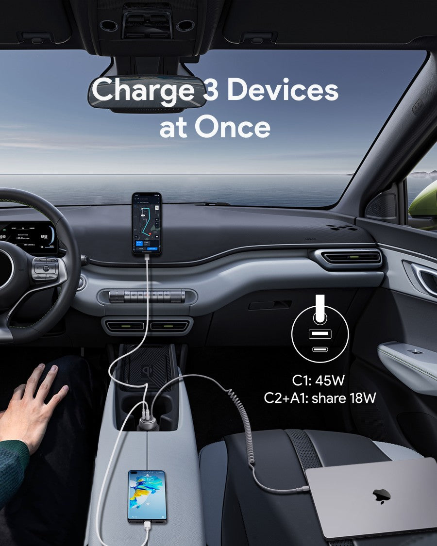 Pengisi Daya Mobil AUKEY 75W Kabel Terintegrasi USB C PD 3.0 QC 3.0 Multi Port PathFinder Sling CC-P2