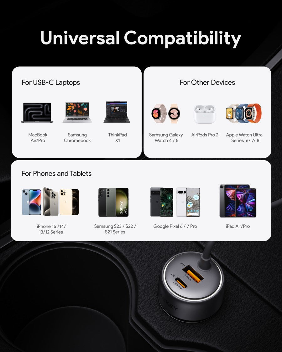 Pengisi Daya Mobil AUKEY 75W Kabel Terintegrasi USB C PD 3.0 QC 3.0 Multi Port PathFinder Sling CC-P2