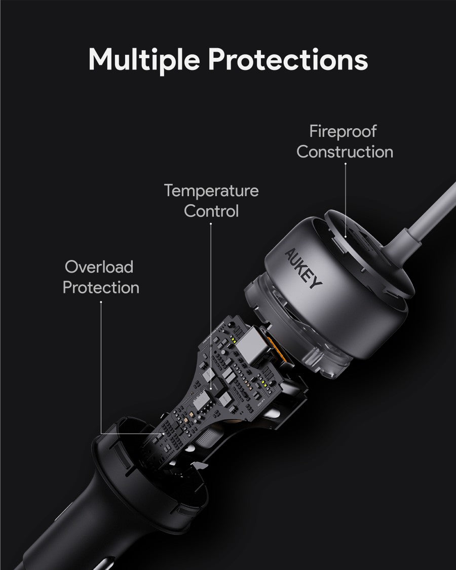 Pengisi Daya Mobil AUKEY 75W Kabel Terintegrasi USB C PD 3.0 QC 3.0 Multi Port PathFinder Sling CC-P2