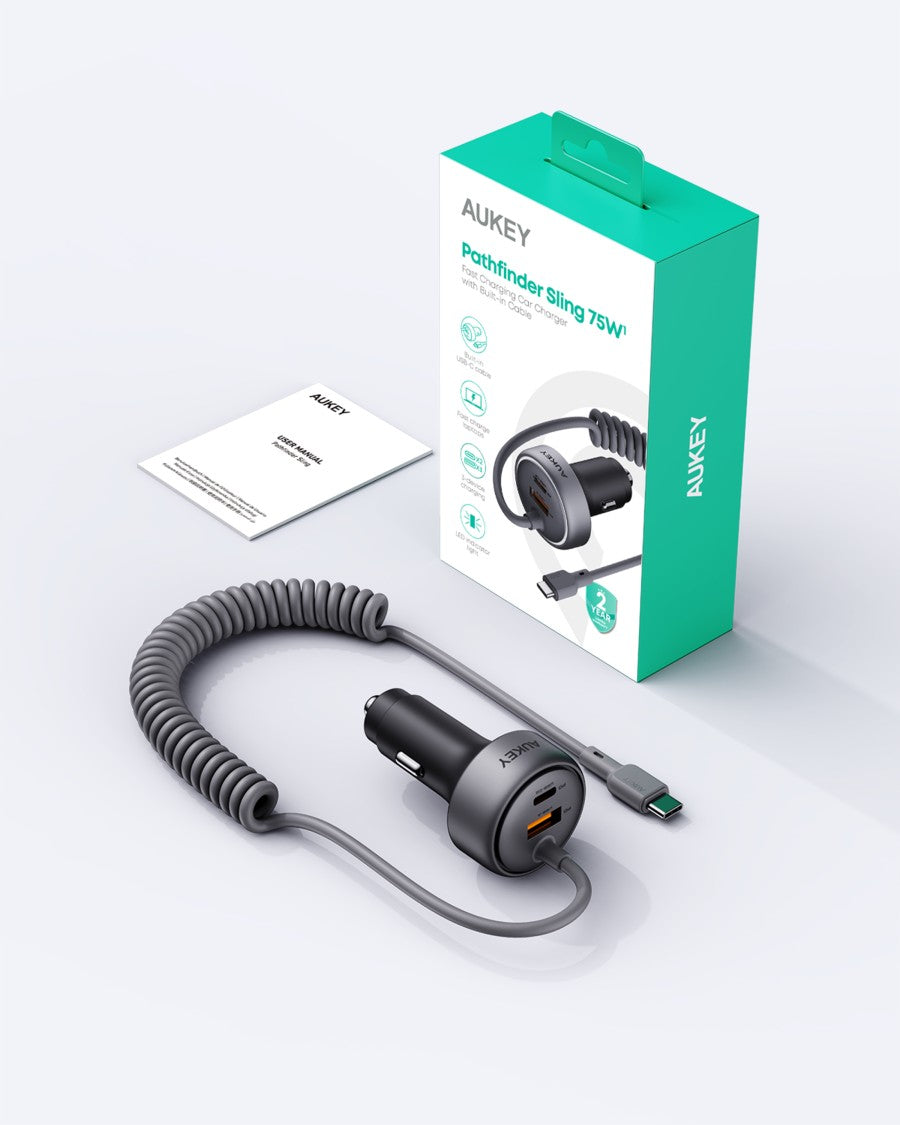 Pengisi Daya Mobil AUKEY 75W Kabel Terintegrasi USB C PD 3.0 QC 3.0 Multi Port PathFinder Sling CC-P2