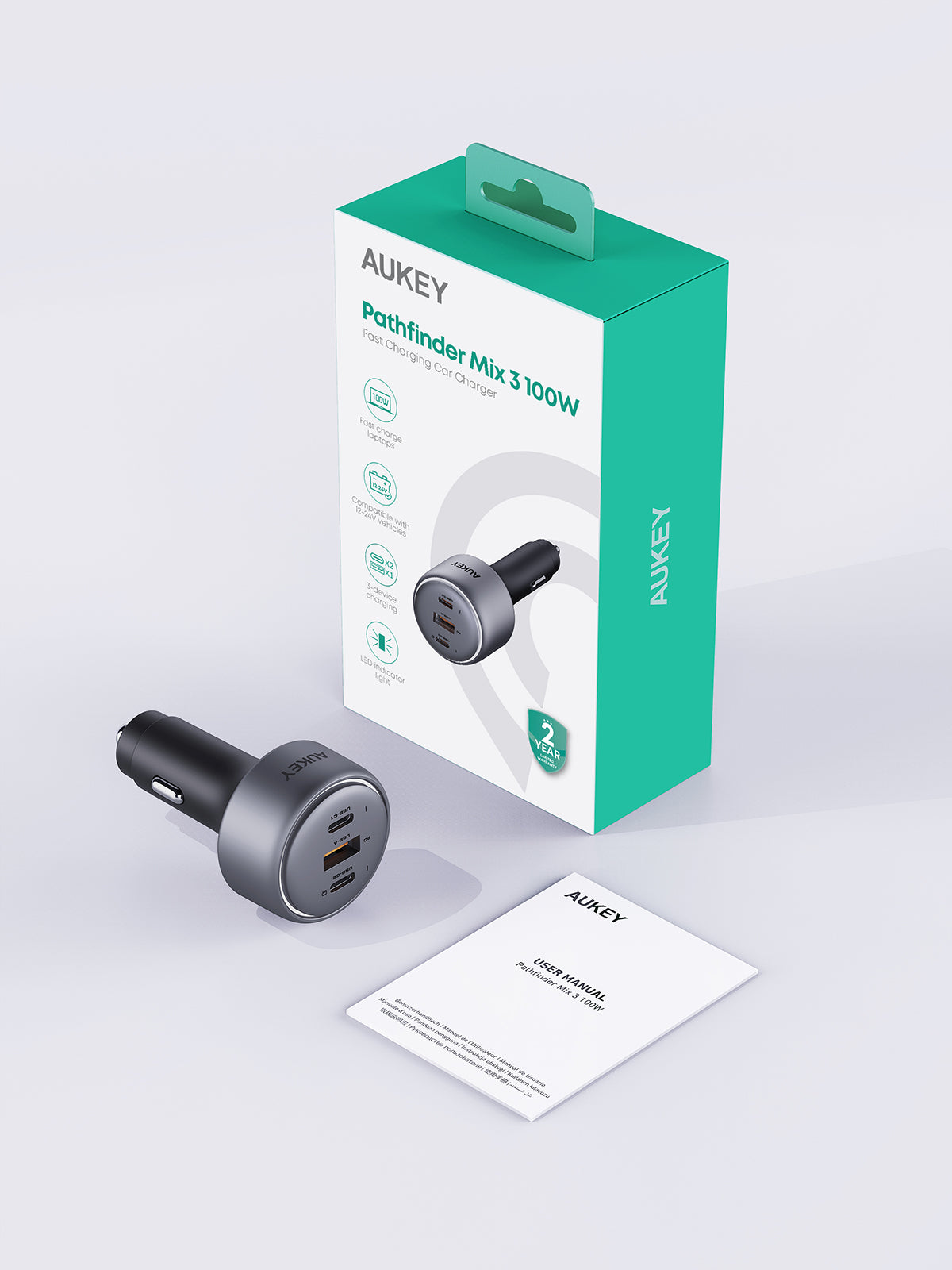 AUKEY Car Charger 100W USB C & USB A PD 3.0 QC 3.0 Multi Port PathFinder Mix 3 CC-P3