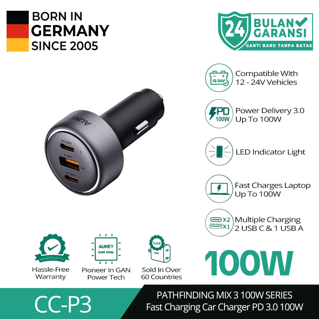 AUKEY Car Charger 100W USB C & USB A PD 3.0 QC 3.0 Multi Port PathFinder Mix 3 CC-P3