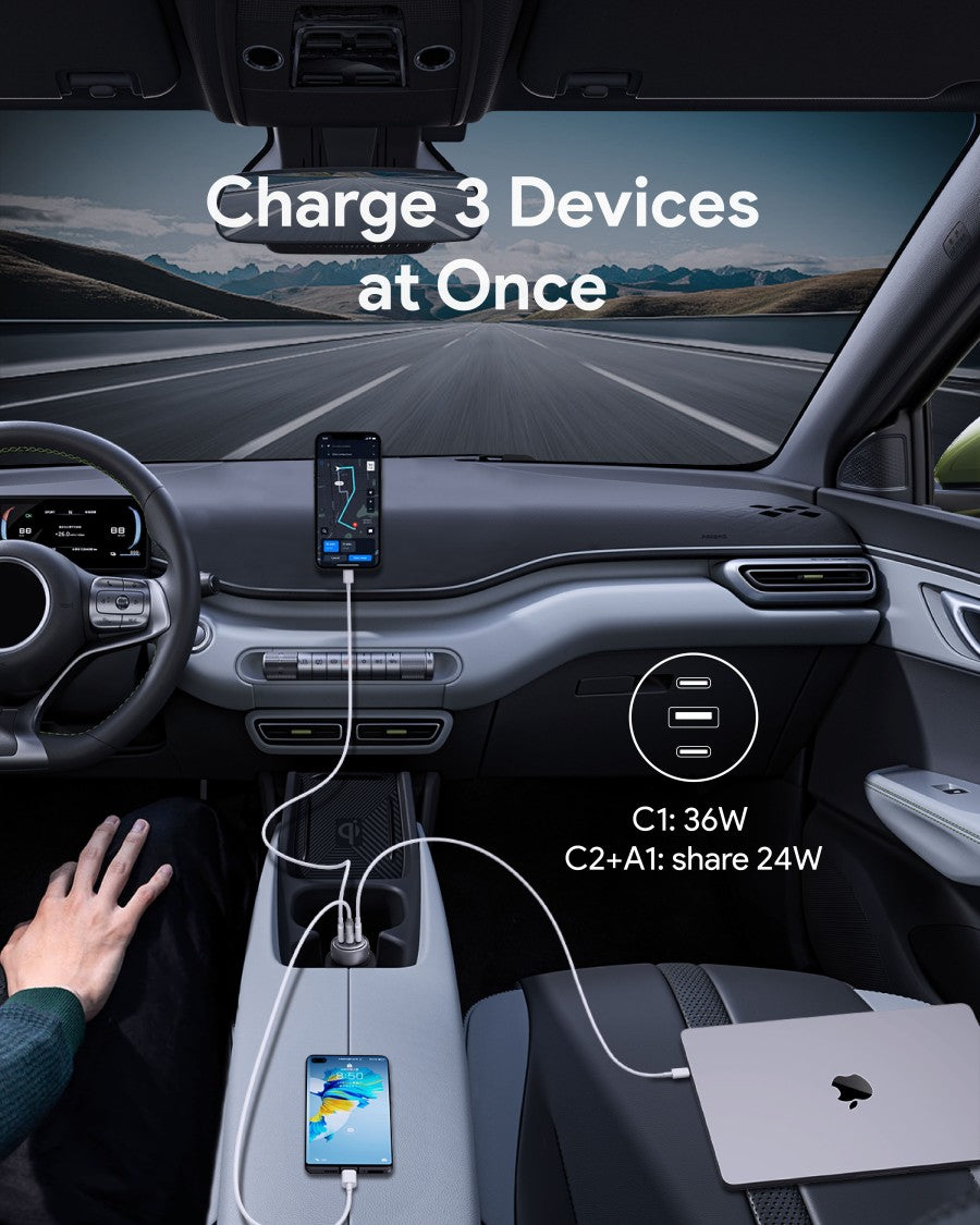 AUKEY Car Charger 66W USB C & USB A PD 3.0 QC 3.0 Multi Port PathFinder Mix 3 CC-P1