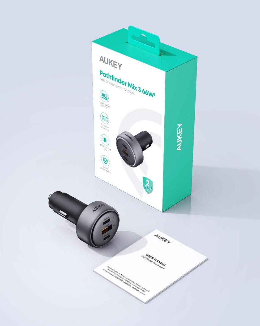 AUKEY Car Charger 66W USB C & USB A PD 3.0 QC 3.0 Multi Port PathFinder Mix 3 CC-P1