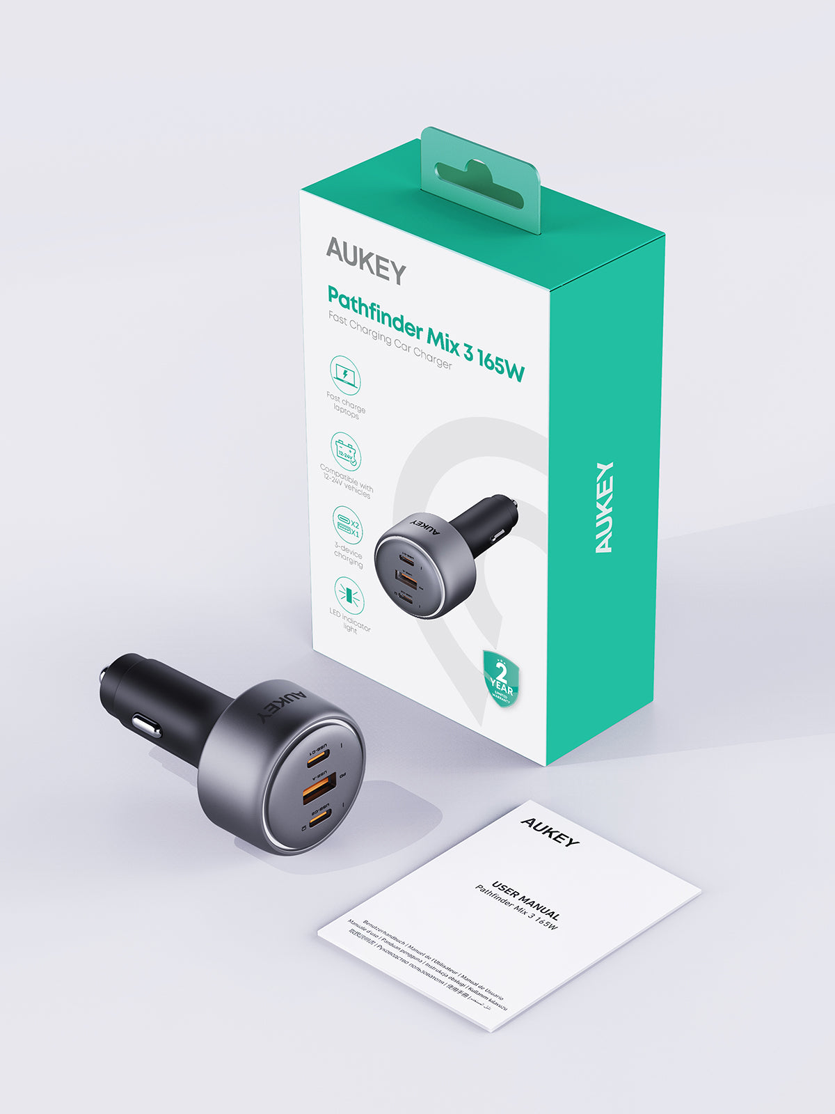 AUKEY Car Charger 165W USB C & USB A PD 3.0 QC 3.0 Multi Port PathFinder Mix 3Series CC-P4