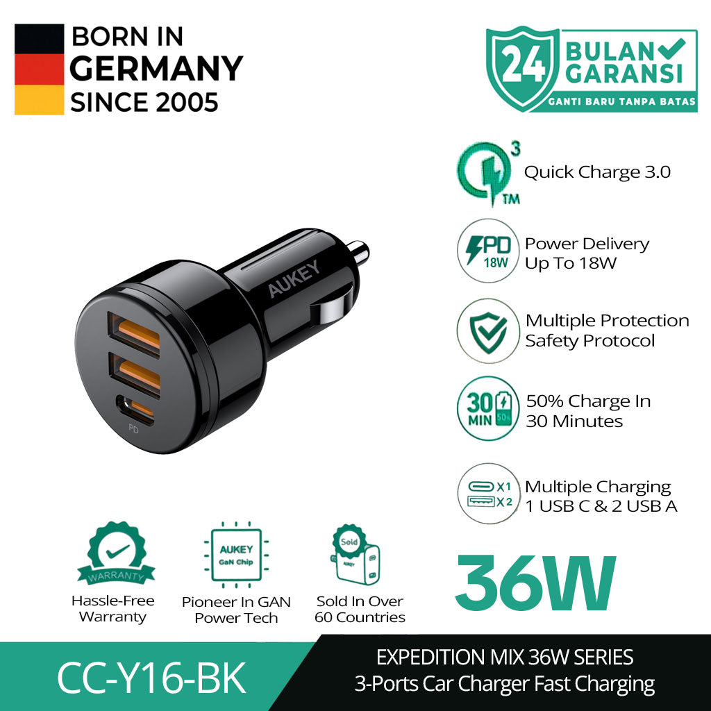 Pengisi Daya Mobil 3 Port AUKEY Seri Ekspedisi model CC-Y16-BK