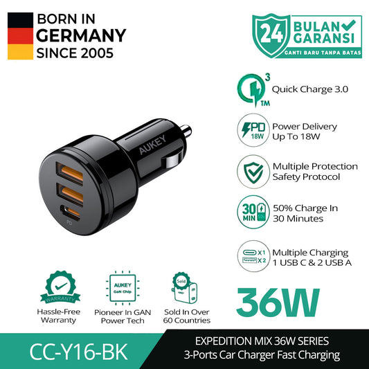Pengisi Daya Mobil 3 Port AUKEY Seri Ekspedisi model CC-Y16-BK