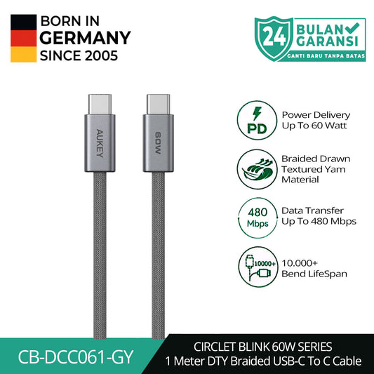 AUKEY Kabel Charger DTY Braided USB C To C Fast Charging Up To 60W 1 Meter & 1.8 Meter CB-DCC061 & CB-DCC062